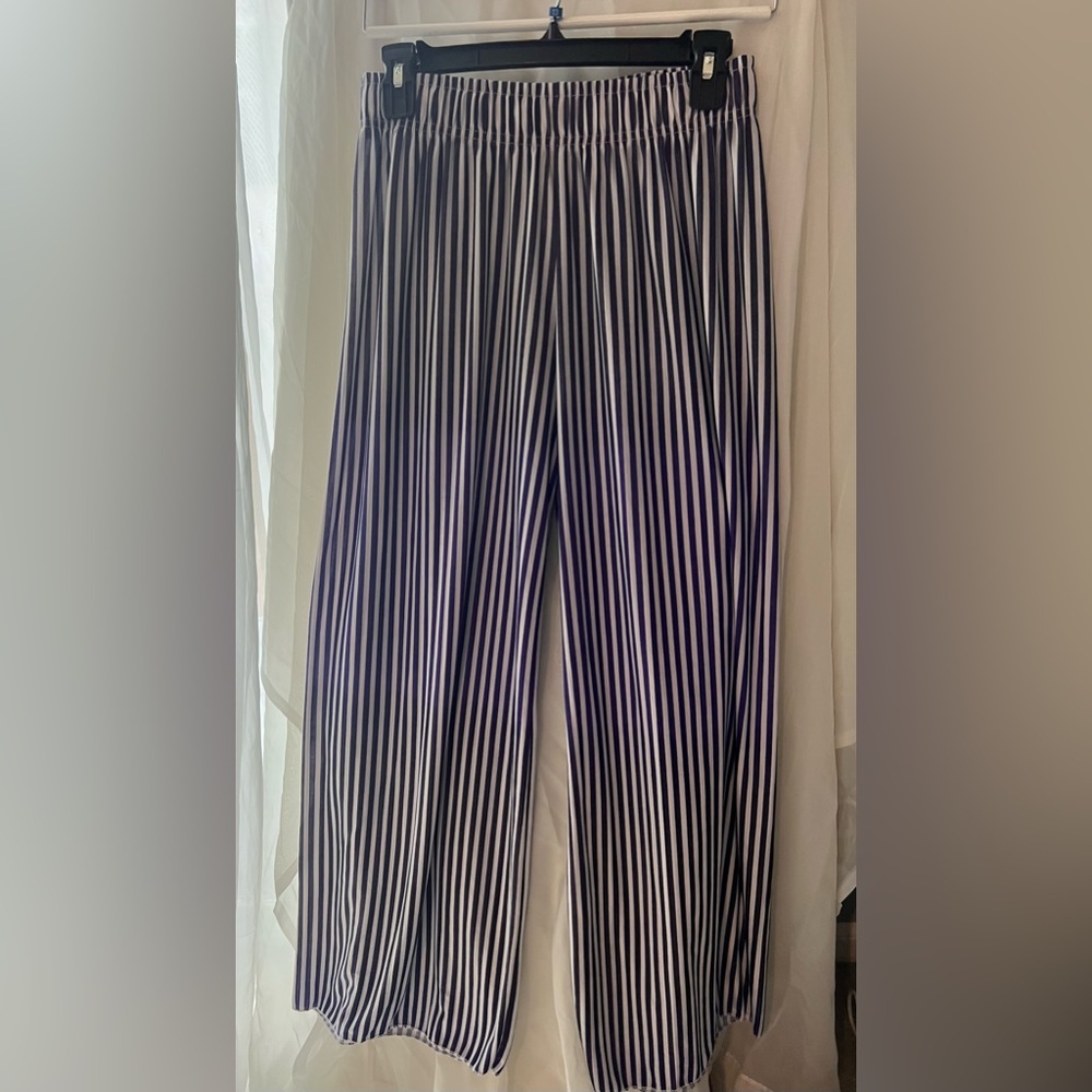 Cruise Ready Palazzo Pants Navy & Ivory Stripe Luxury Resort Wear Lounge Pants.